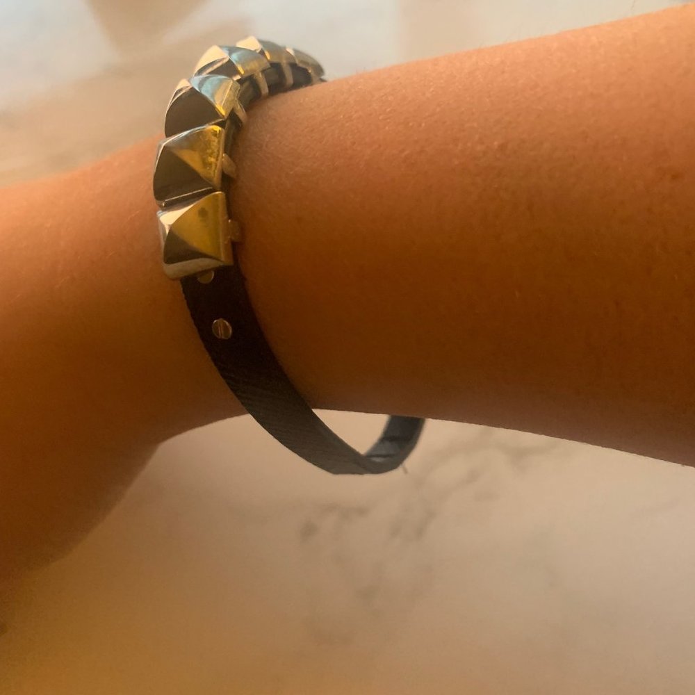 Michael Kors Black Silver Leather Pyramid Stud Buckle Bracelet